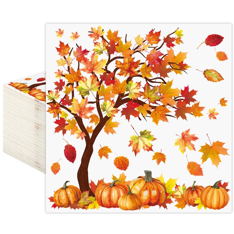 peony man 100 Pcs Fall Cocktail Napkins Fall Tree Paper Napkin 3 Ply Pumpkin Maple Leaves Party Dinner Napkins Disposable Autumn Beverage Napkin for Thanksgiving Autumn Harvest Party Supplies Table Decor - Image 1